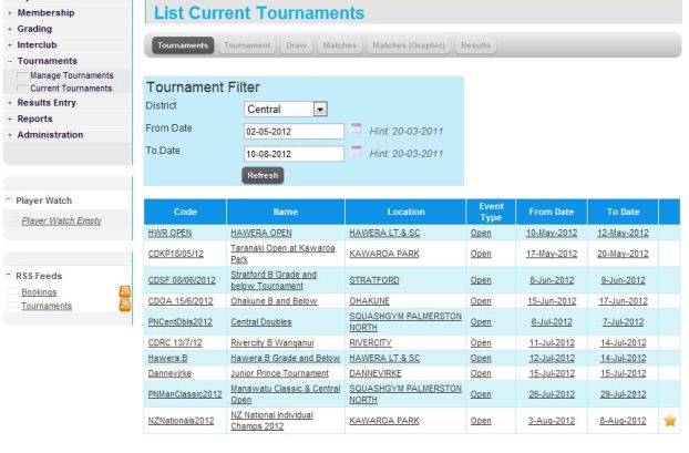 iSquash Current Tournaments