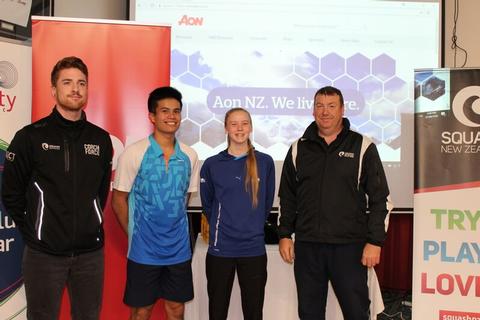 Adam Odering – Squash New Zealand Junior Selector, with 2018 Junior Champs Matthew Lucente and Kaitlyn Watts, Kevin Muir – Squash New Zealand Board member (right).